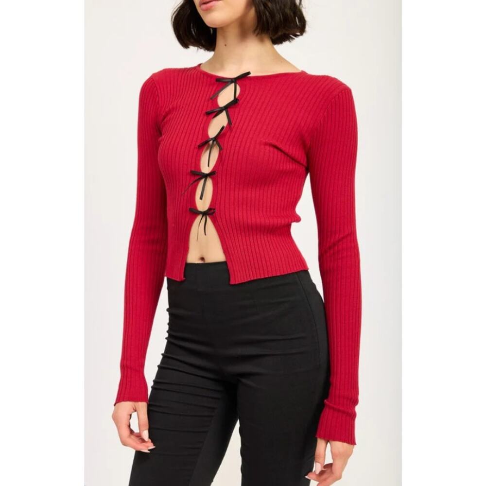 Emory Park bow front long sleeve top ruby red size small NWT